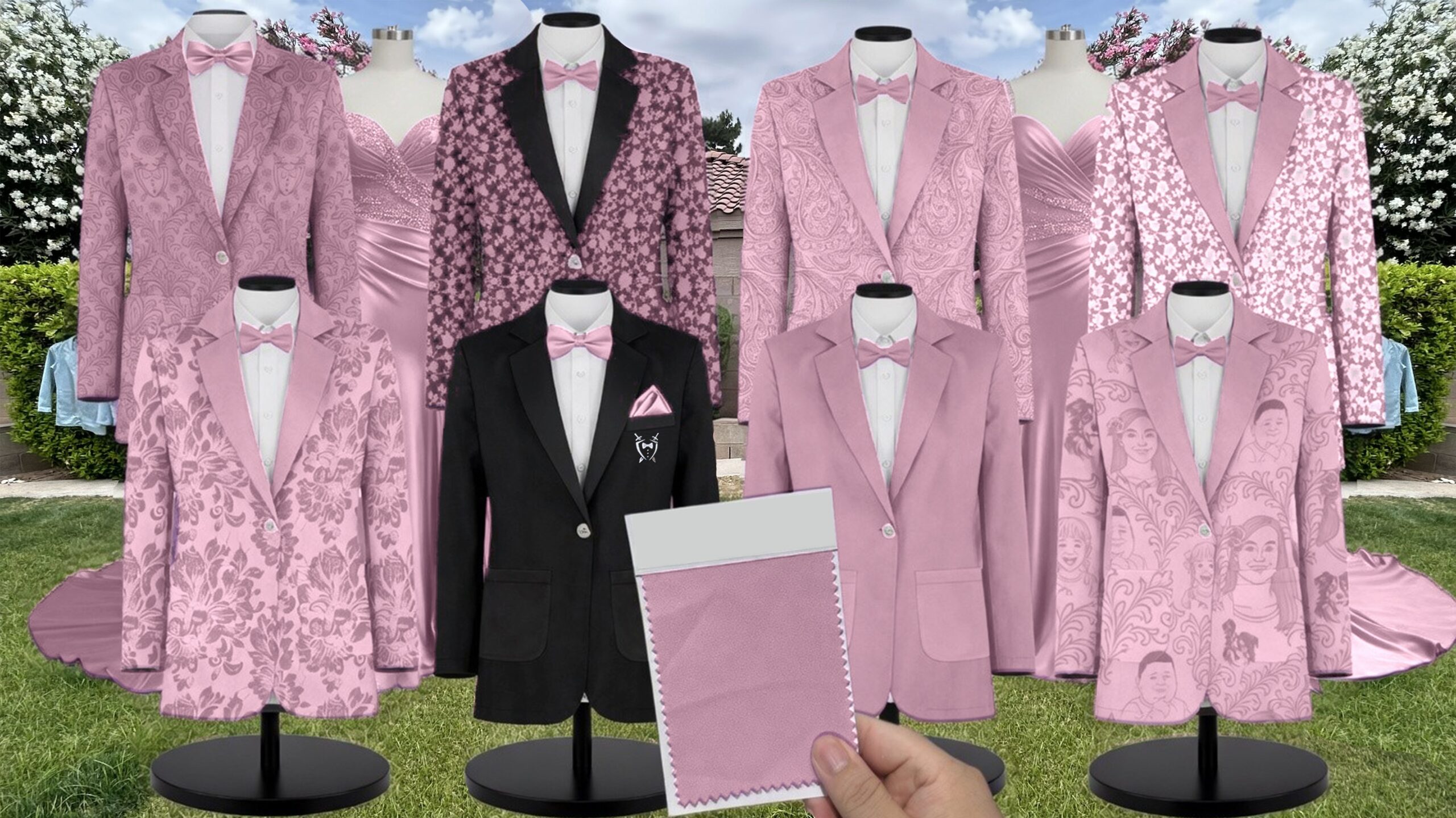 Cottage Floral Pink Taffeta Suit and Tuxedo – Exact Color Match for Show Me Your Mumu Bridesmaid Dresses