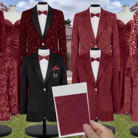 Cranberry Luxe Satin Suit and Tuxedo – Exact Color Match for Show Me Your Mumu Bridesmaid Dresses