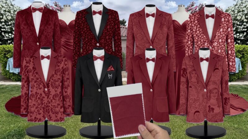Cranberry Luxe Satin Suit and Tuxedo – Exact Color Match for Show Me Your Mumu Bridesmaid Dresses