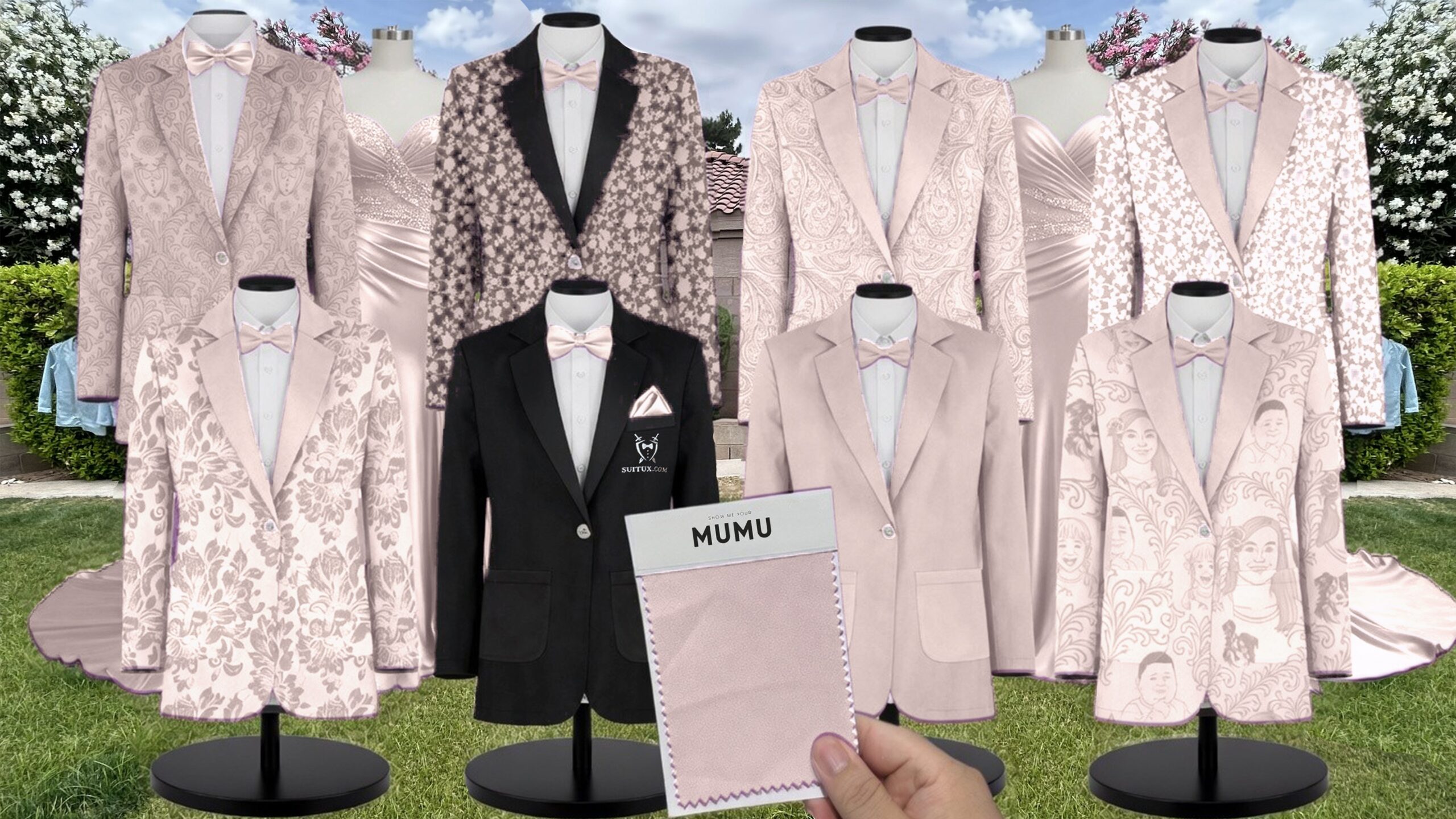Dusty Blush Stretch Satin Suit and Tuxedo – Exact Color Match for Show Me Your Mumu Bridesmaid Dresses