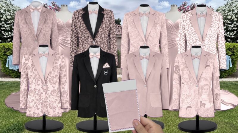 Garden Romantic Taffeta Suit and Tuxedo – Exact Color Match for Show Me Your Mumu Bridesmaid Dresses
