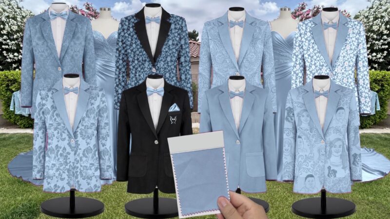 Light Blue Taffeta Suit and Tuxedo – Exact Color Match for Show Me Your Mumu Bridesmaid Dresses