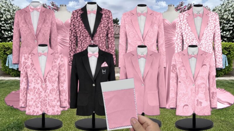 Light Pink Luxe Satin Suit and Tuxedo – Exact Color Match for Show Me Your Mumu Bridesmaid Dresses
