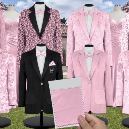 Light Pink Taffeta Suit and Tuxedo – Exact Color Match for Show Me Your Mumu Bridesmaid Dresses