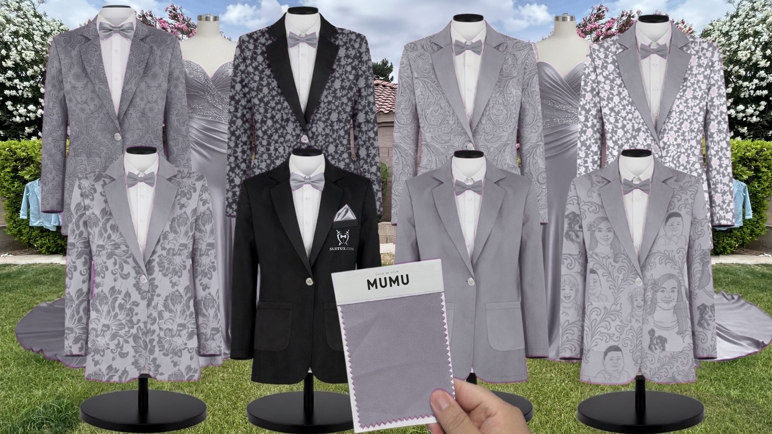 Midnight Navy White Vines Suit and Tuxedo – Exact Color Match for Show Me Your Mumu Bridesmaid Dresses