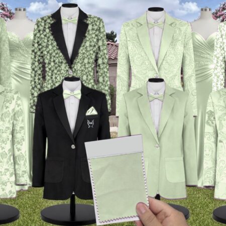Pistachio Luxe Satin Suit and Tuxedo – Exact Color Match for Show Me Your Mumu Bridesmaid Dresses