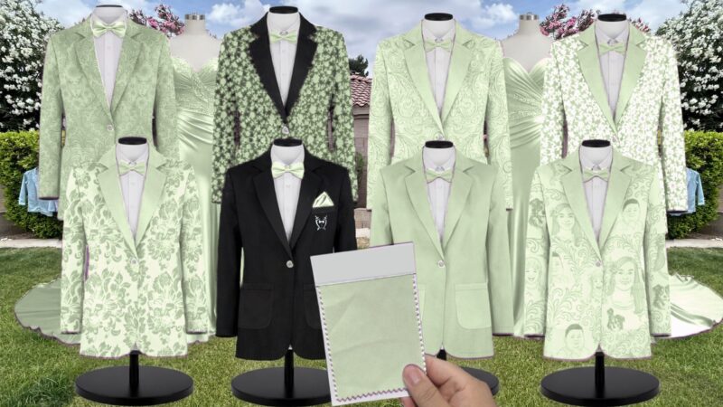 Pistachio Luxe Satin Suit and Tuxedo – Exact Color Match for Show Me Your Mumu Bridesmaid Dresses