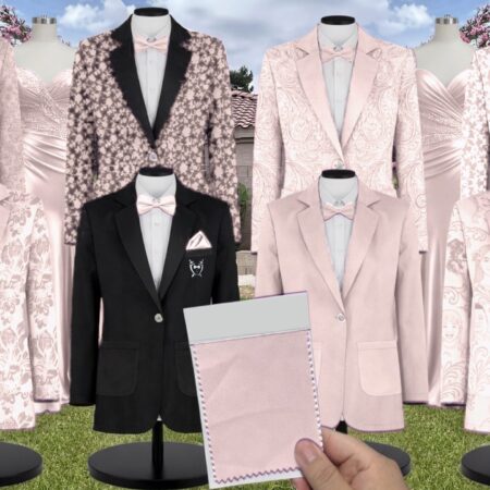 Powder Pink Luxe Satin Suit and Tuxedo – Exact Color Match for Show Me Your Mumu Bridesmaid Dresses