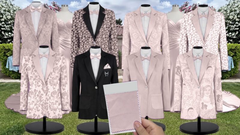 Powder Pink Chrome Taffeta Suit and Tuxedo – Exact Color Match for Show Me Your Mumu Bridesmaid Dresses
