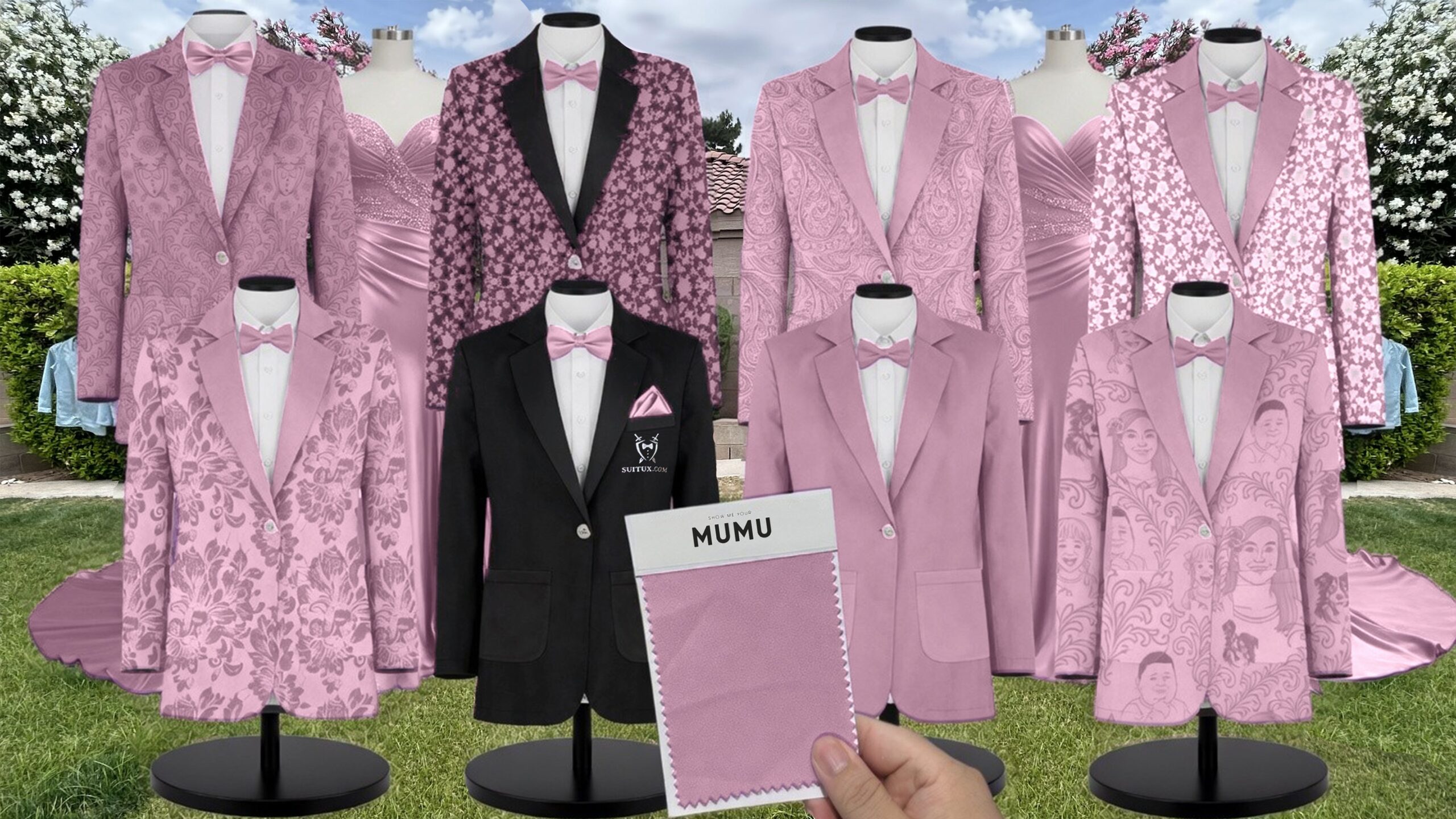 Rich Magenta White Vines Suit and Tuxedo – Exact Color Match for Show Me Your Mumu Bridesmaid Dresses