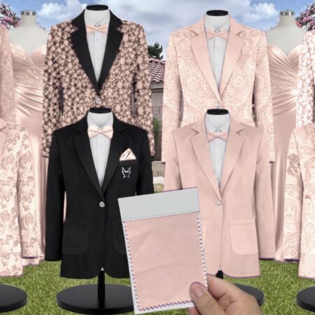Rose Gold Luxe Satin Suit and Tuxedo – Exact Color Match for Show Me Your Mumu Bridesmaid Dresses