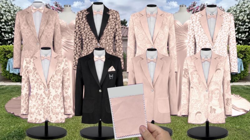 Rose Gold Luxe Satin Suit and Tuxedo – Exact Color Match for Show Me Your Mumu Bridesmaid Dresses