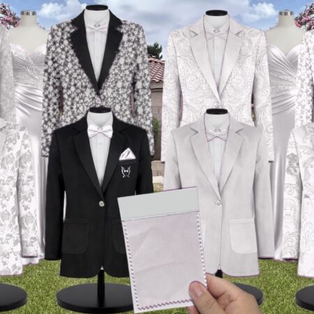White Stretch Satin Suit and Tuxedo – Exact Color Match for Show Me Your Mumu Bridesmaid Dresses