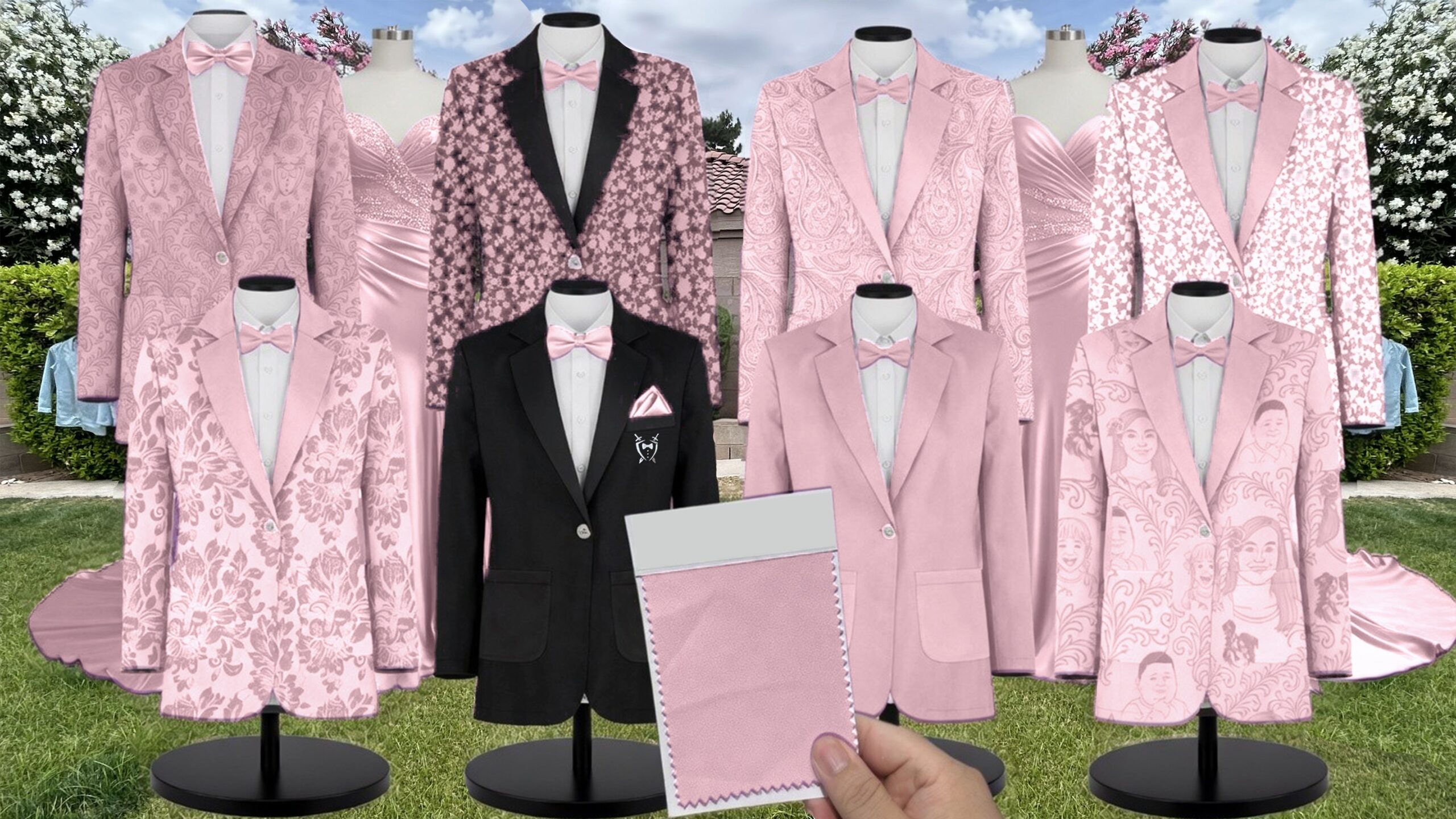Baby Pink Petit Rose Chiffon Floral Print Suit and Tuxedo – Exact Color Match for Revelry Bridesmaid Dresses