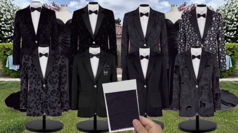 Black Satin Suit and Tuxedo – Exact Color Match for Revelry Bridesmaid Dresses