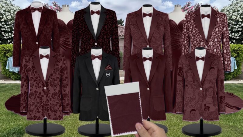 Burgundy Velvet Suit and Tuxedo – Exact Color Match for Revelry Bridesmaid Dresses