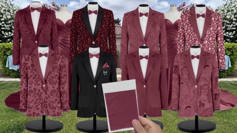 Cabernet Satin Suit and Tuxedo – Exact Color Match for Revelry Bridesmaid Dresses
