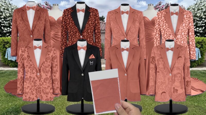 Cinnamon Rose Crepe Suit and Tuxedo – Exact Color Match for Revelry Bridesmaid Dresses