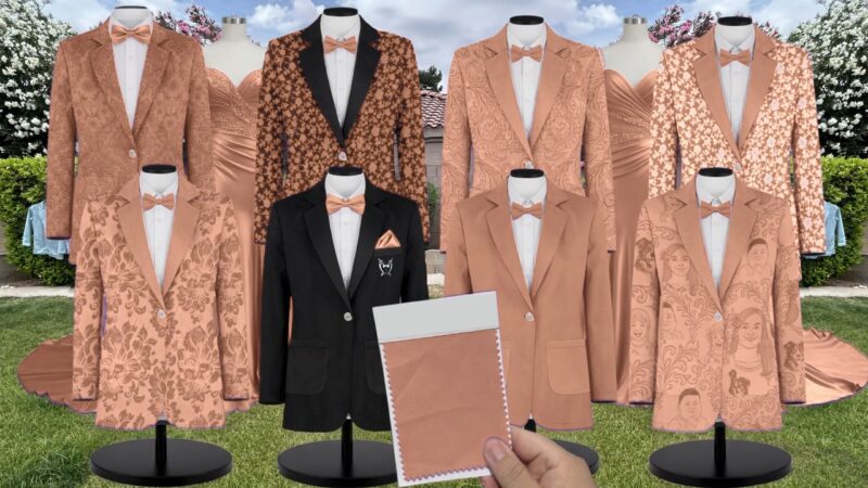 Copper Satin Suit and Tuxedo – Exact Color Match for Revelry Bridesmaid Dresses