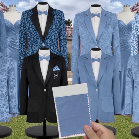 Dusty Blue Crepe Suit and Tuxedo – Exact Color Match for Revelry Bridesmaid Dresses
