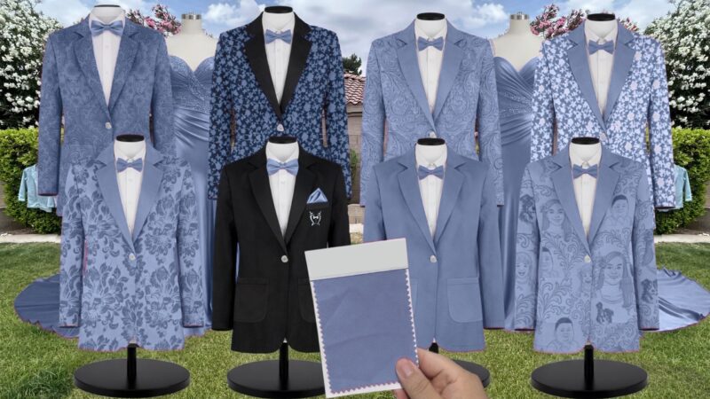 Dusty Blue Posey Chiffon Floral Print Suit and Tuxedo – Exact Color Match for Revelry Bridesmaid Dresses