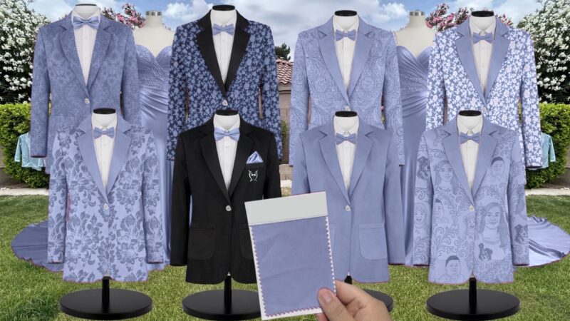 Dusty Blue Posey Satin Floral Print Suit and Tuxedo – Exact Color Match for Revelry Bridesmaid Dresses