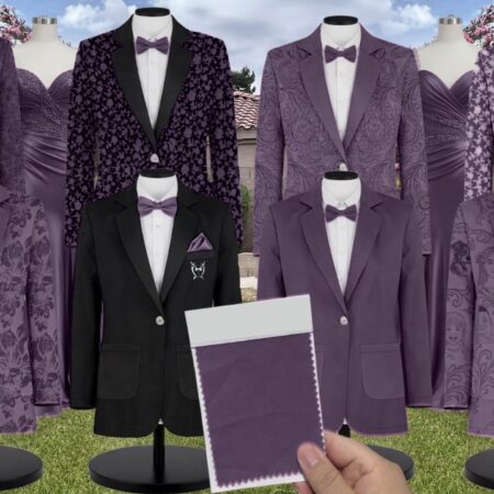 Eggplant Satin Suit and Tuxedo – Exact Color Match for Revelry Bridesmaid Dresses