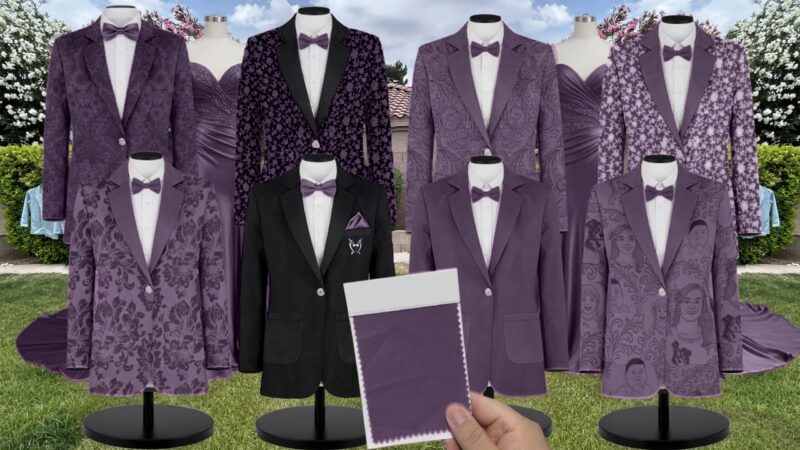 Eggplant Satin Suit and Tuxedo – Exact Color Match for Revelry Bridesmaid Dresses