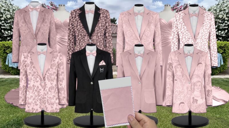 First Kiss Pink Chiffon Suit and Tuxedo – Exact Color Match for Revelry Bridesmaid Dresses