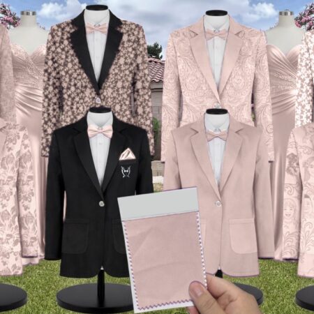 Gold Champagne Bouquet Satin Floral Print Suit and Tuxedo – Exact Color Match for Revelry Bridesmaid Dresses