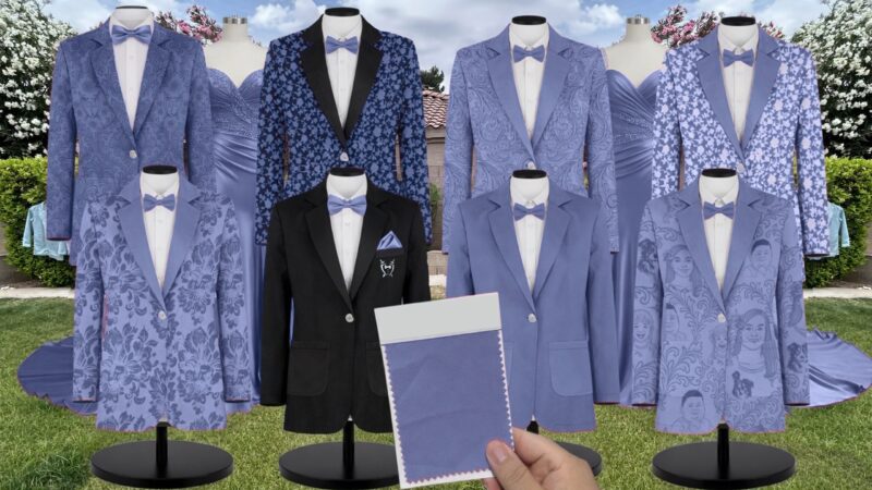 Indie Blue Bouquet Satin Floral Print Suit and Tuxedo – Exact Color Match for Revelry Bridesmaid Dresses