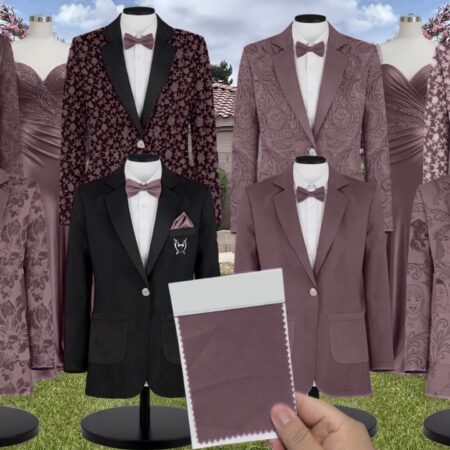 Mahogany Bouquet Satin Floral Print Suit and Tuxedo – Exact Color Match for Revelry Bridesmaid Dresses
