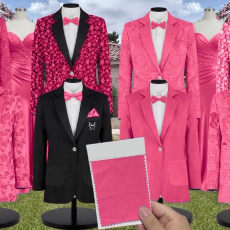 Malibu Pink Bouquet Chiffon Floral Print Suit and Tuxedo – Exact Color Match for Revelry Bridesmaid Dresses