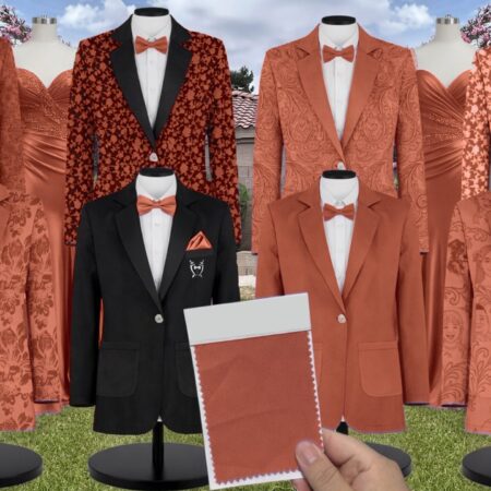 Rust Orange Chiffon Suit and Tuxedo – Exact Color Match for Revelry Bridesmaid Dresses