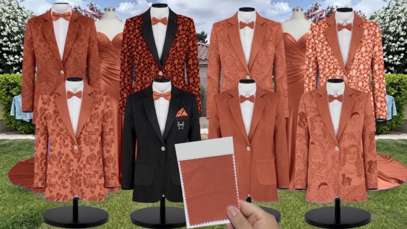 Rust Orange Chiffon Suit and Tuxedo – Exact Color Match for Revelry Bridesmaid Dresses