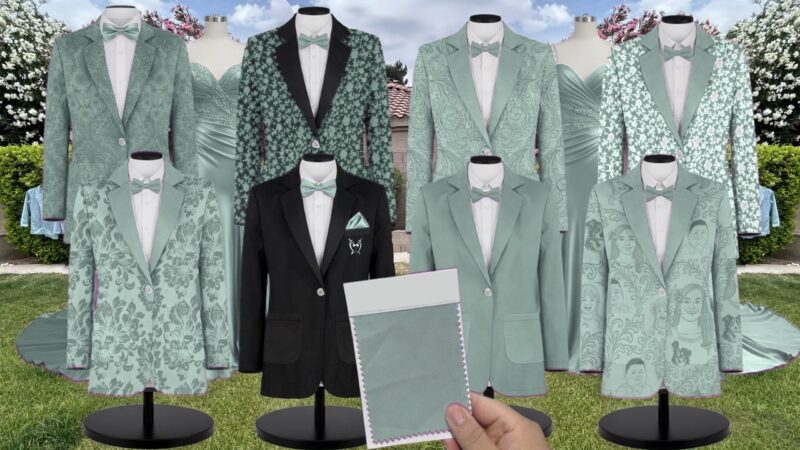Sage Blossom Chiffon Floral Print Suit and Tuxedo – Exact Color Match for Revelry Bridesmaid Dresses