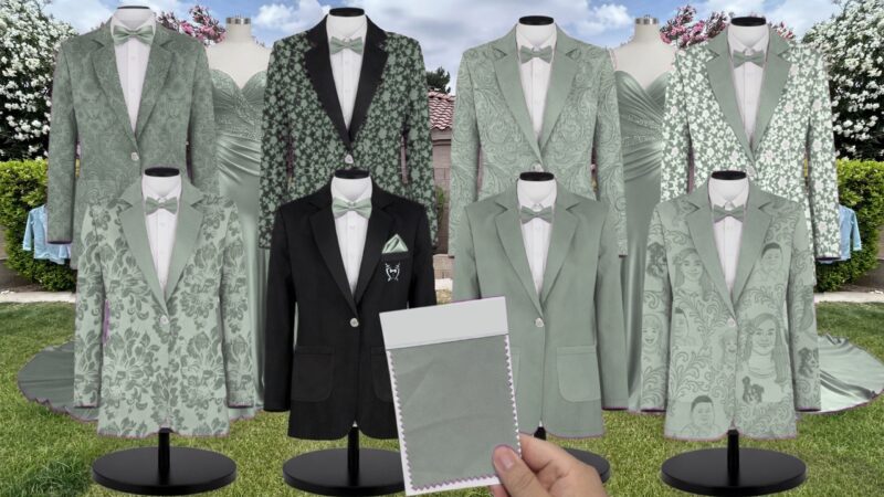 Sage Blossom Satin Floral Print Suit and Tuxedo – Exact Color Match for Revelry Bridesmaid Dresses