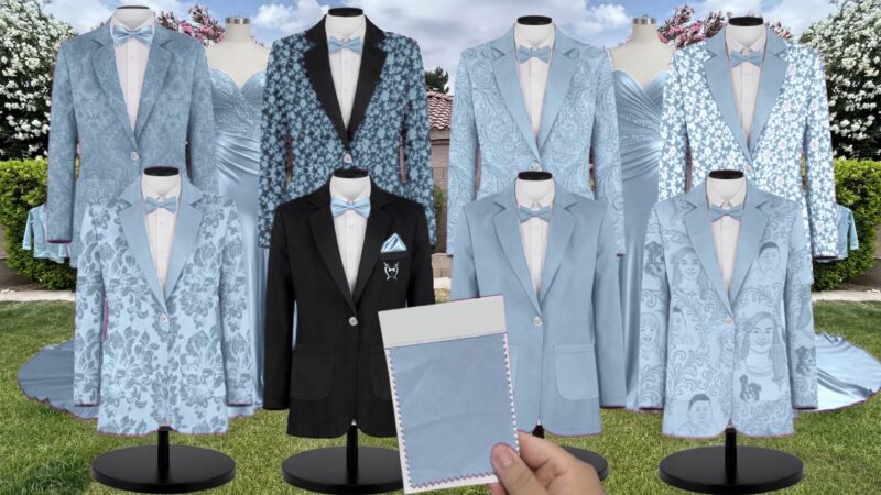 Sky Blue Blossom Chiffon Floral Print Suit and Tuxedo – Exact Color Match for Revelry Bridesmaid Dresses