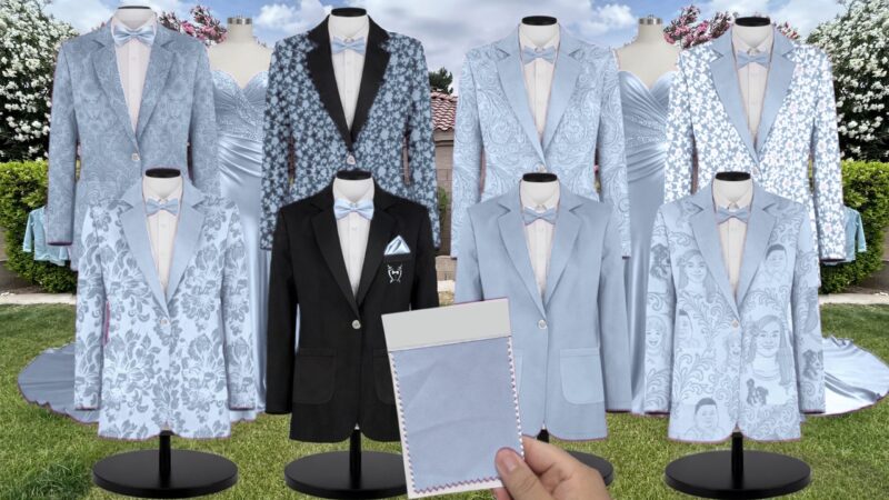 Sky Blue Blossom Satin Floral Print Suit and Tuxedo – Exact Color Match for Revelry Bridesmaid Dresses