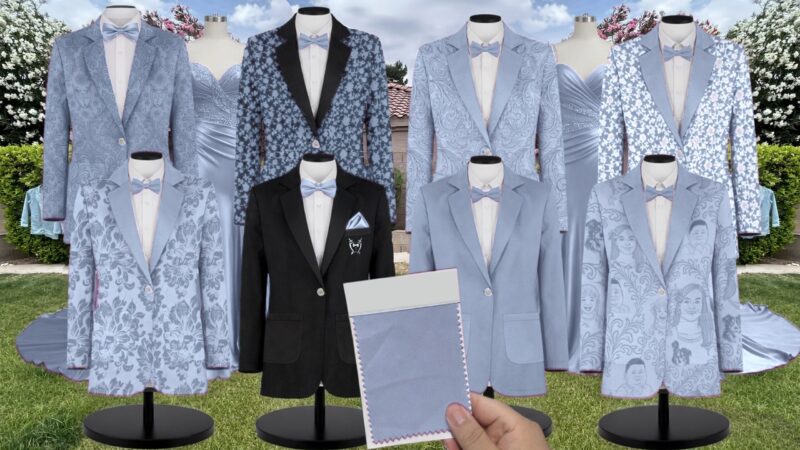 Sky Blue Garden Chiffon Floral Print Suit and Tuxedo – Exact Color Match for Revelry Bridesmaid Dresses