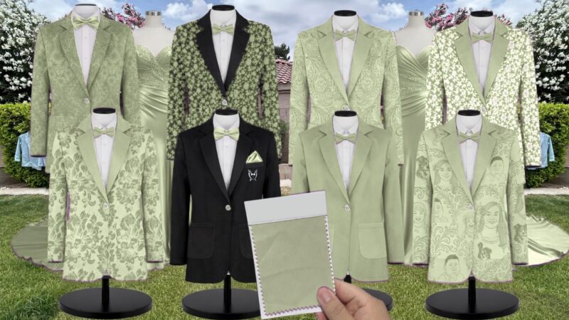 Agave Green Charmeuse Suit and Tuxedo – Exact Color Match for Stacees Bridesmaid Dresses