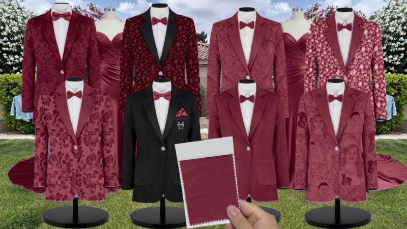 Burgundy Chiffon Suit and Tuxedo – Exact Color Match for Stacees Bridesmaid Dresses