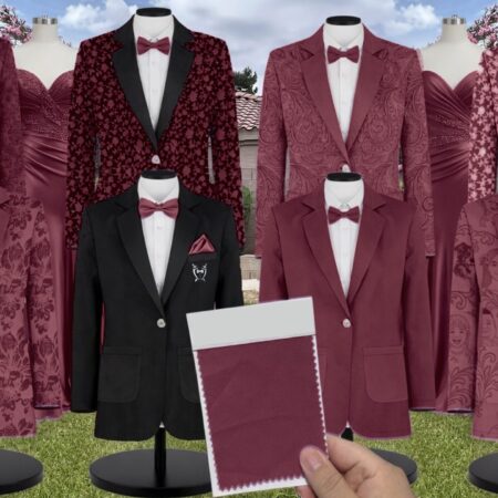 Cabernet Charmeuse Suit and Tuxedo – Exact Color Match for Stacees Bridesmaid Dresses