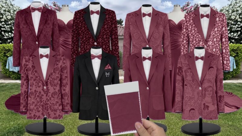 Cabernet Satin Suit and Tuxedo – Exact Color Match for Stacees Bridesmaid Dresses