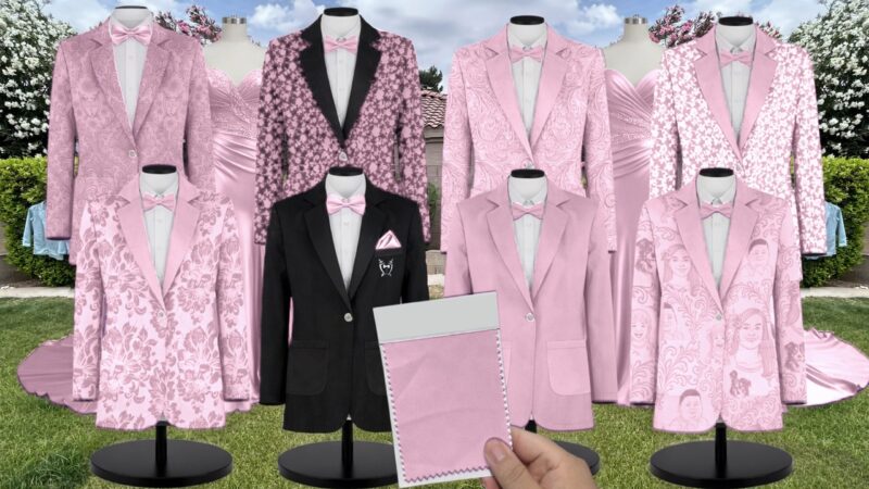Candy Pink Charmeuse Suit and Tuxedo – Exact Color Match for Stacees Bridesmaid Dresses