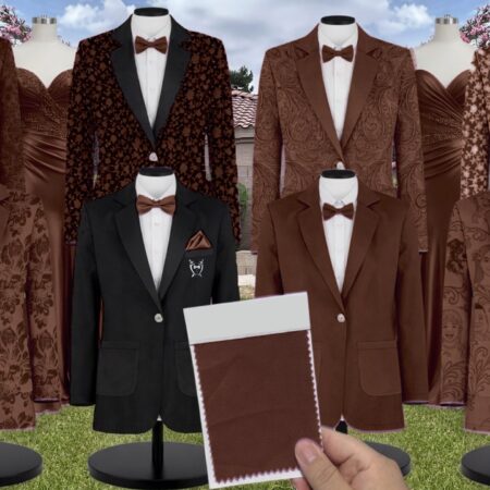 Chocolate Charmeuse Suit and Tuxedo – Exact Color Match for Stacees Bridesmaid Dresses