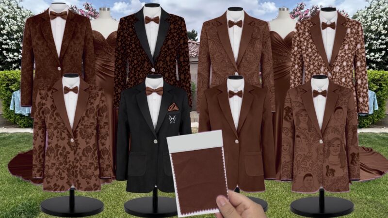 Chocolate Charmeuse Suit and Tuxedo – Exact Color Match for Stacees Bridesmaid Dresses