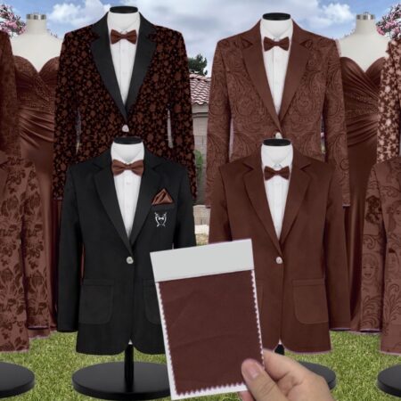 Chocolate Stretch Crepe Suit and Tuxedo – Exact Color Match for Stacees Bridesmaid Dresses