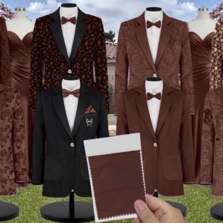 Chocolate Stretch Satin Suit and Tuxedo – Exact Color Match for Stacees Bridesmaid Dresses