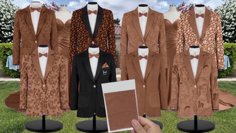Coffee Charmeuse Suit and Tuxedo – Exact Color Match for Stacees Bridesmaid Dresses